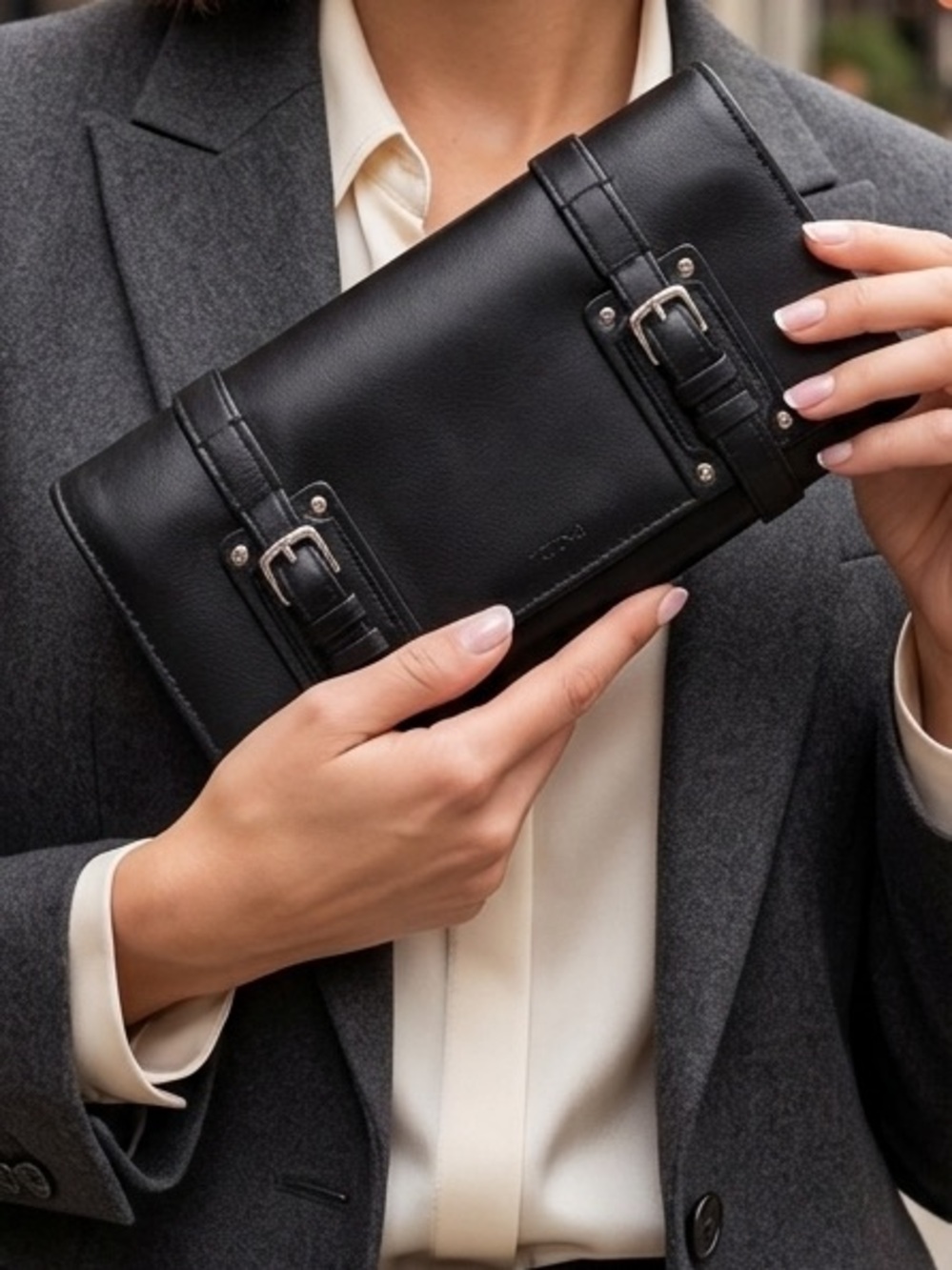 Tumi Black Genuine Leather Trifold Continental Wallet Dual Buckle